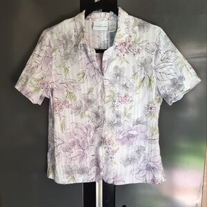 Alfred Dunner White Button-Down Floral Shirt with Lavender and Green